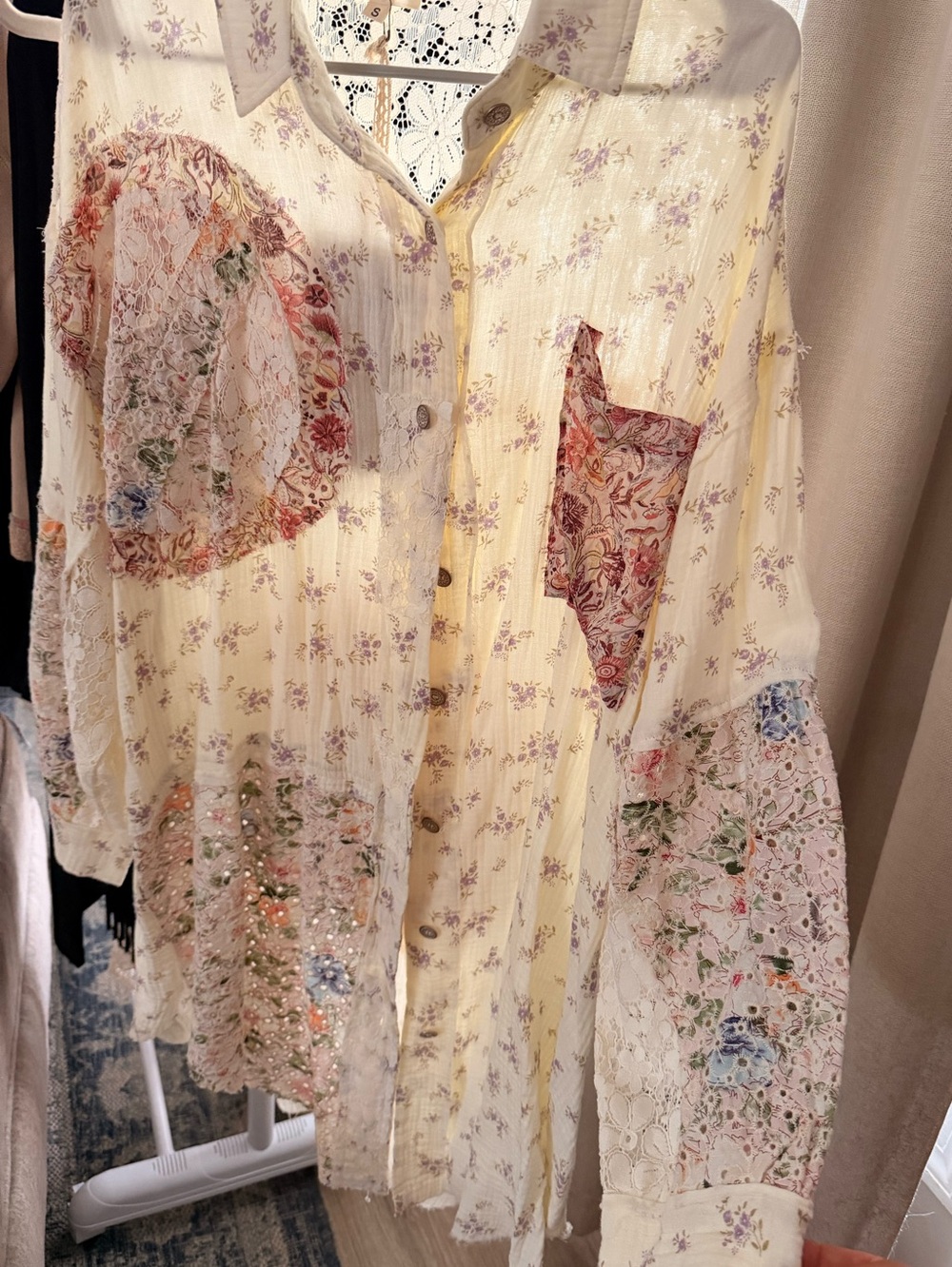 Floral Patchwork Long Sleeve Button-Front Top